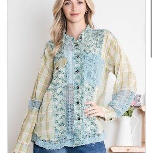 Bluevelvet Patchwork Button Down Shirt - Blue and Green